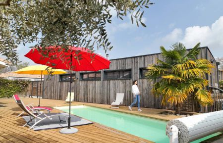 La piscine chauffée et sa vaste terrasse. Gîte n°G2194 LE TEICH - Gironde - Villa Socorro - La piscine chauffée et sa vaste terrasse.